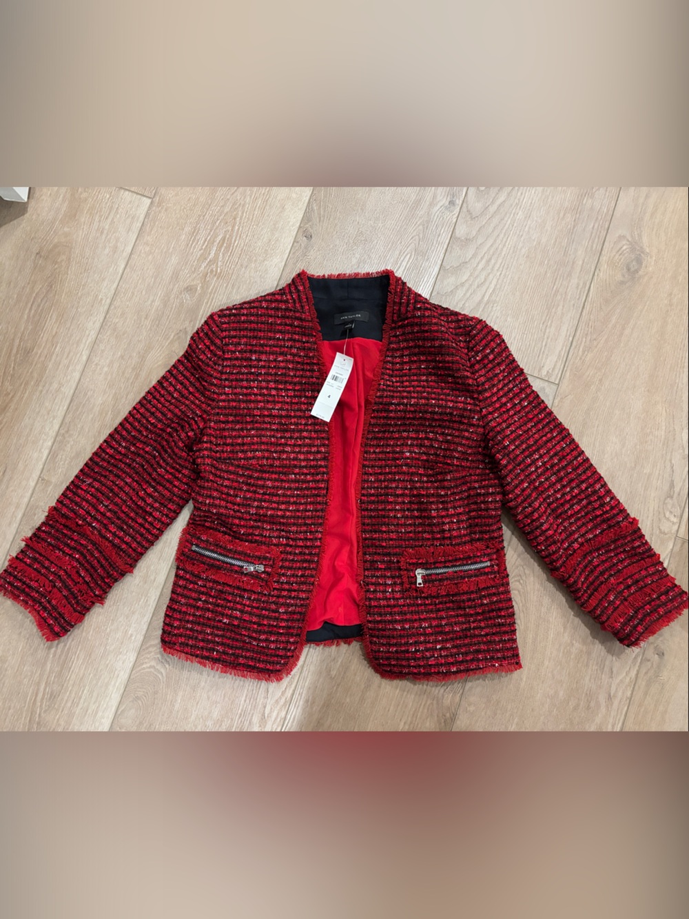 Ann Taylor Red Tweed Blazer with Zip Pockets